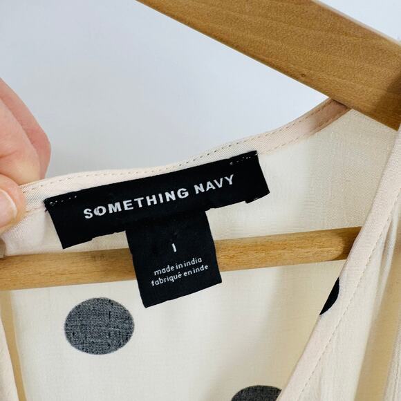 Something Navy Polka Dot V-Neck Midi Dress Chic Elbow Sleeve Feminine Vibe Sz 1 - Picture 4 of 9